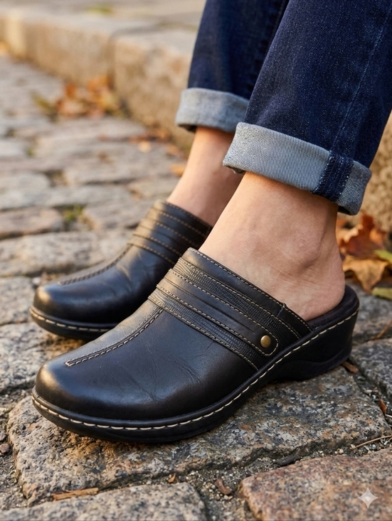 Clarks Shoes - Clarks Black Leather Slip On Clogs Comfort Mules - 6.5